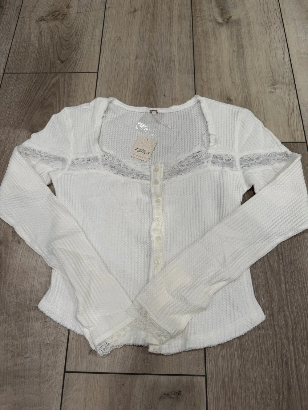 Free People White Lace-Trim Henley Long Sleeve Top